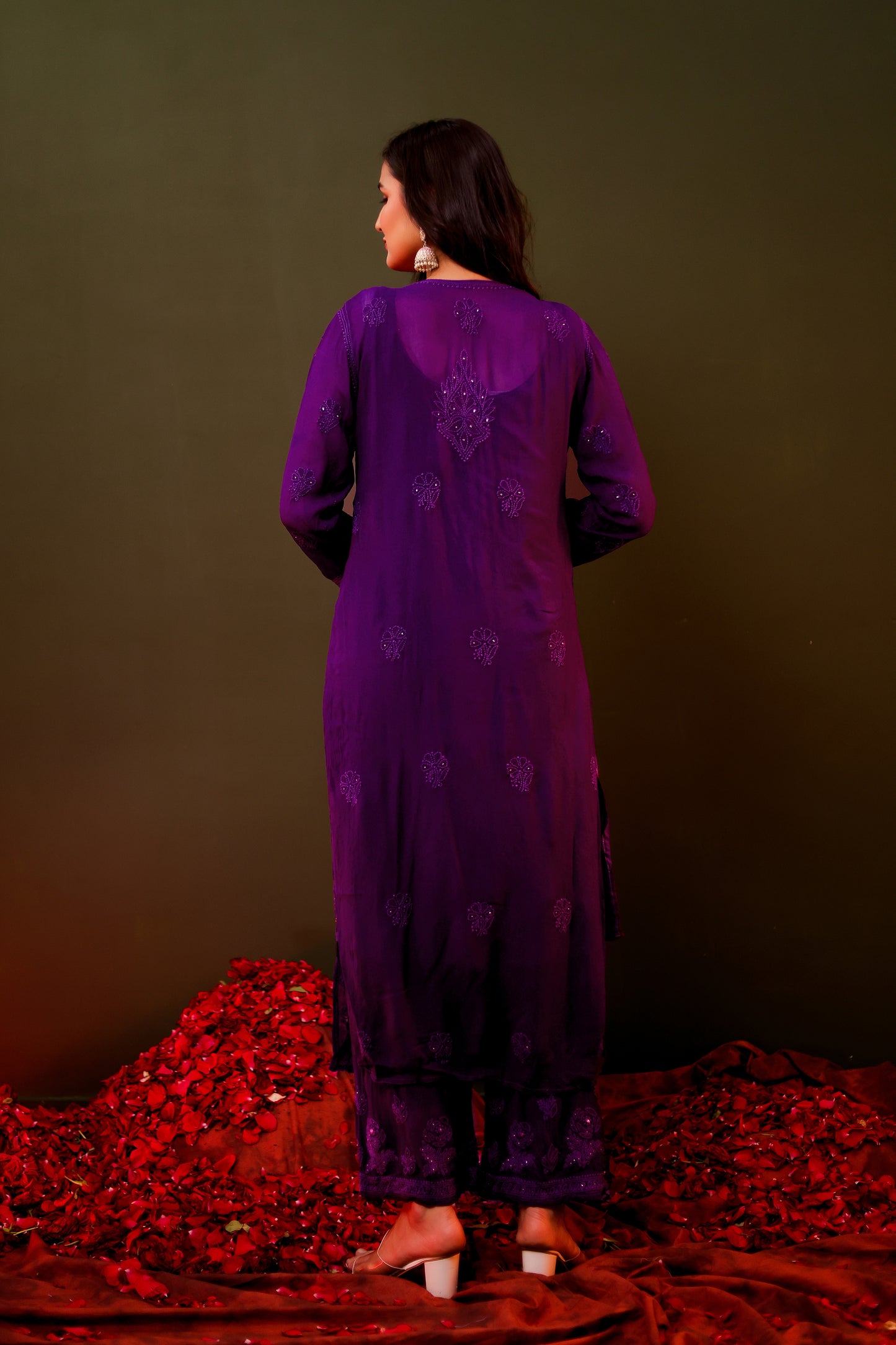 FABSTREE PURPLE PURE GEORGETTE KURTA AND GHARARA SET WITH DUPATTA AND INNER (SET OF 4)