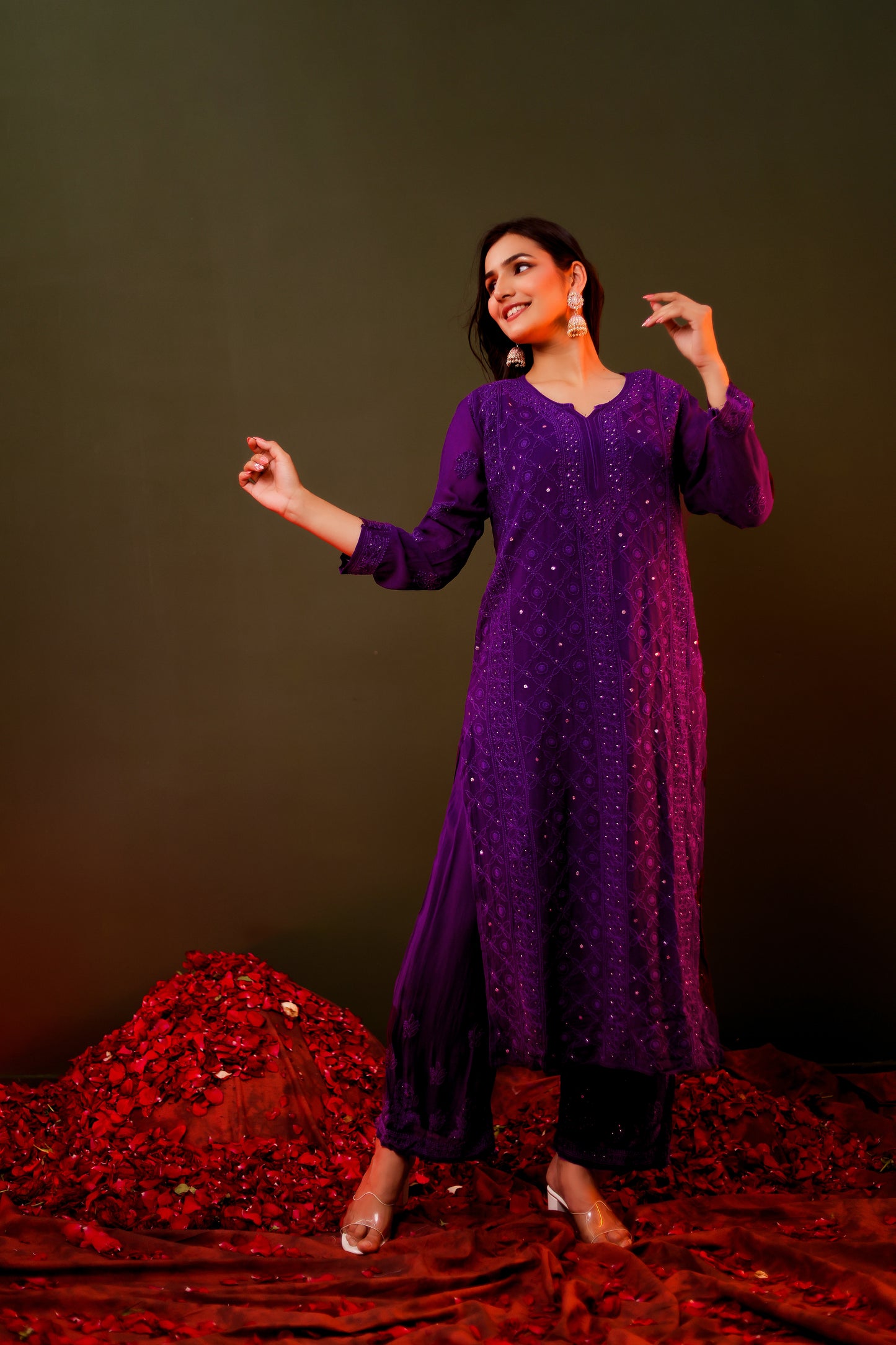 FABSTREE PURPLE PURE GEORGETTE KURTA AND GHARARA SET WITH DUPATTA AND INNER (SET OF 4)