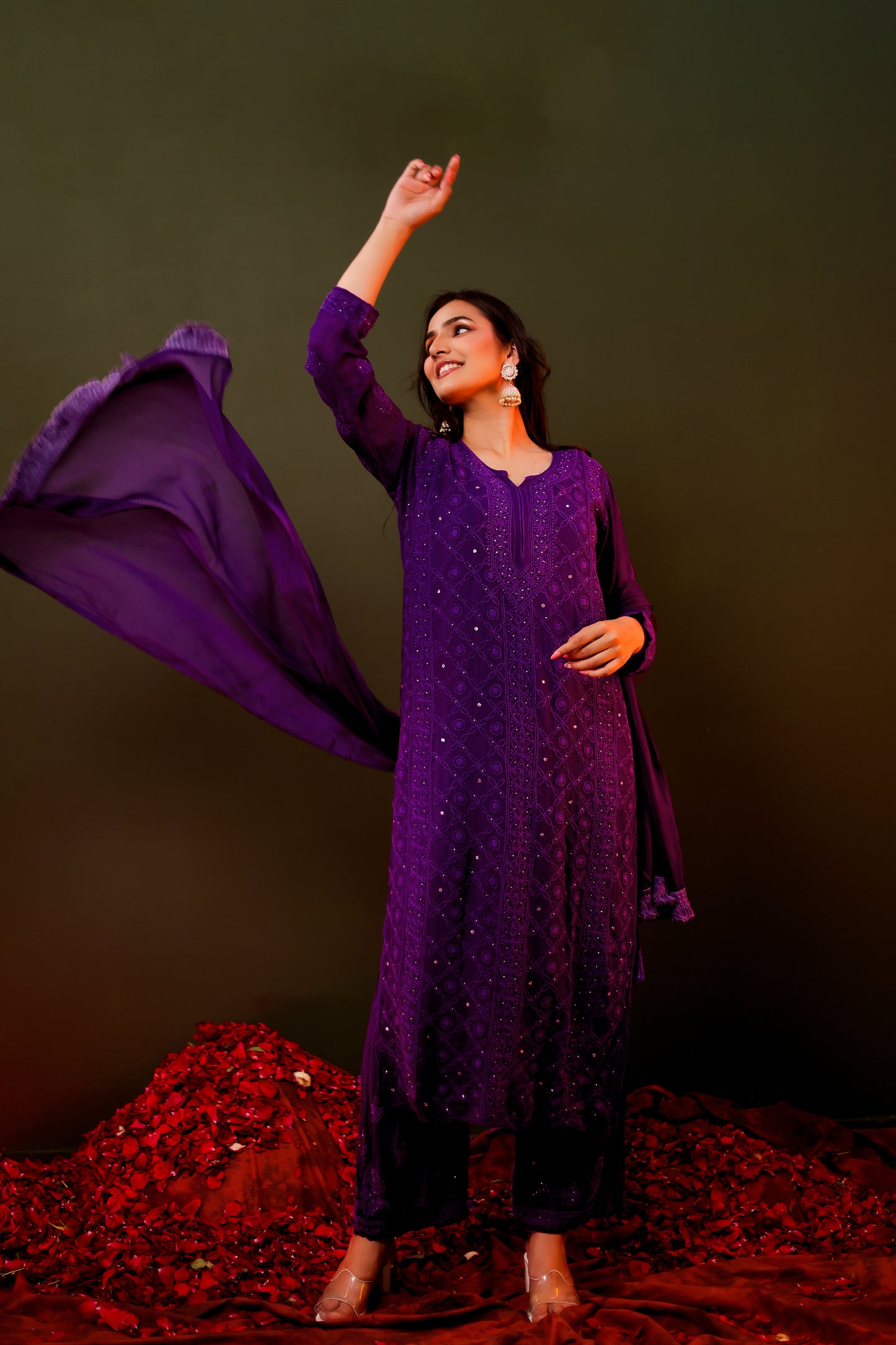 FABSTREE PURPLE PURE GEORGETTE KURTA AND GHARARA SET WITH DUPATTA AND INNER (SET OF 4)