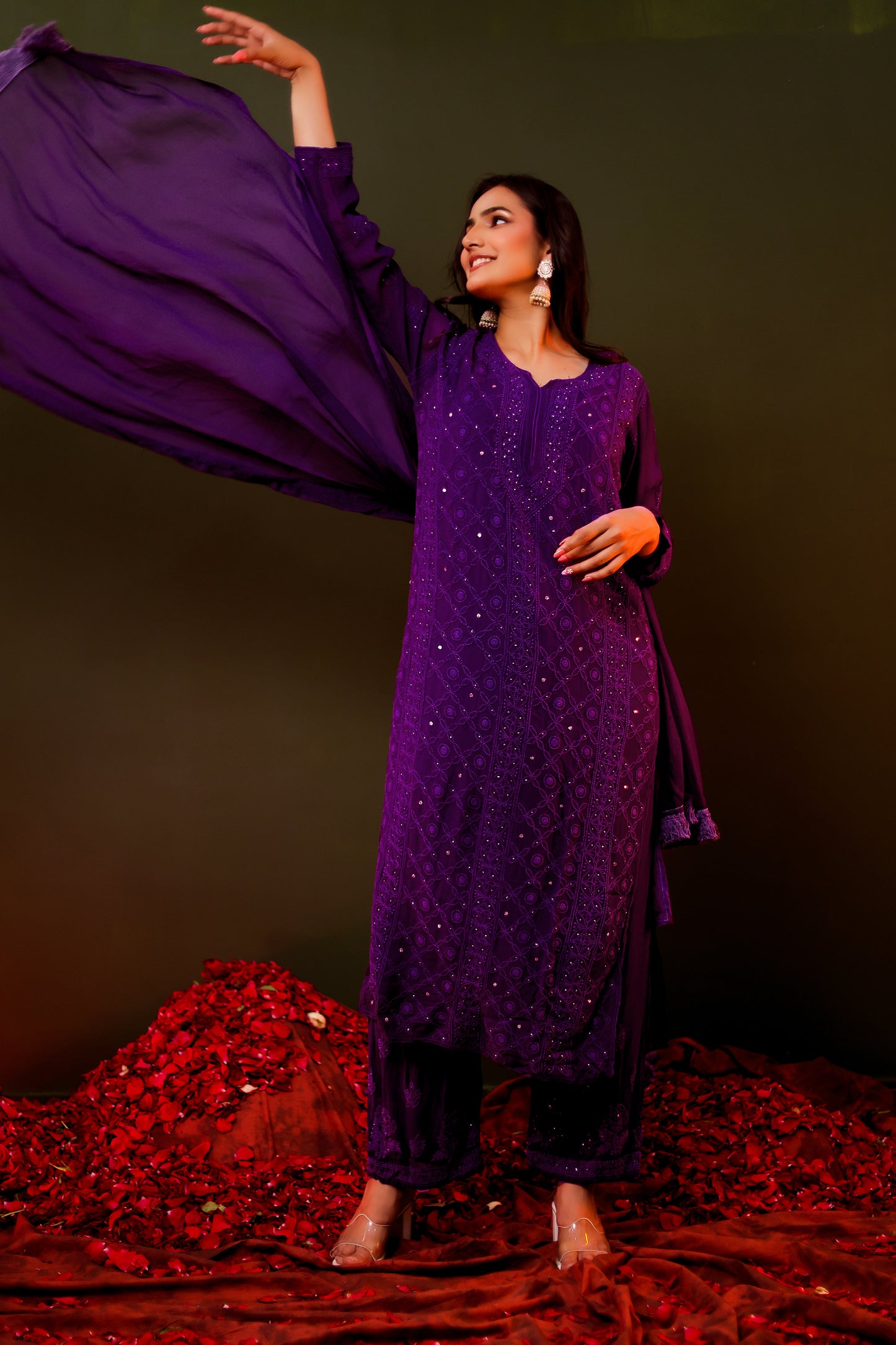 FABSTREE PURPLE PURE GEORGETTE KURTA AND GHARARA SET WITH DUPATTA AND INNER (SET OF 4)