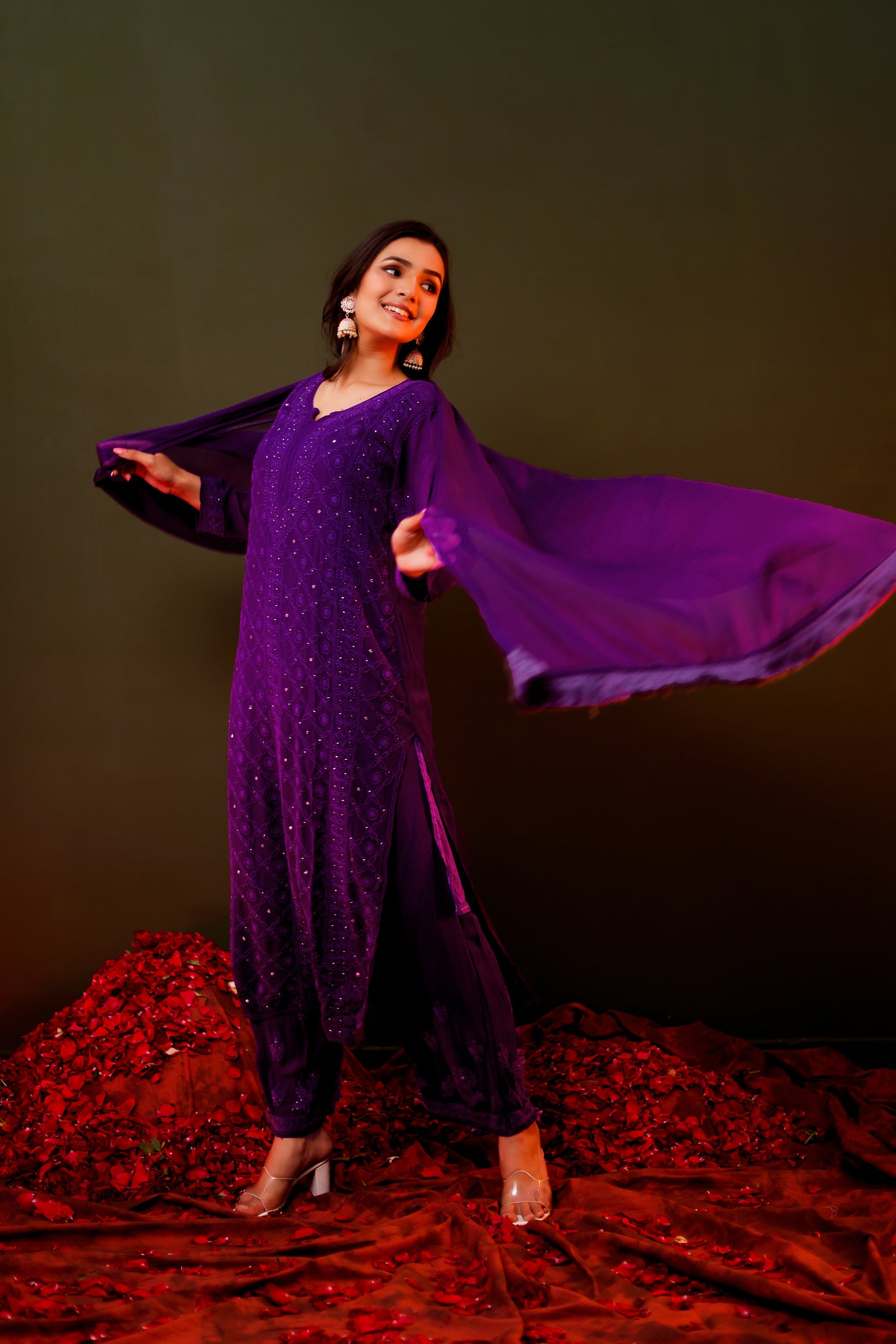 FABSTREE PURPLE PURE GEORGETTE KURTA AND GHARARA SET WITH DUPATTA AND INNER (SET OF 4)