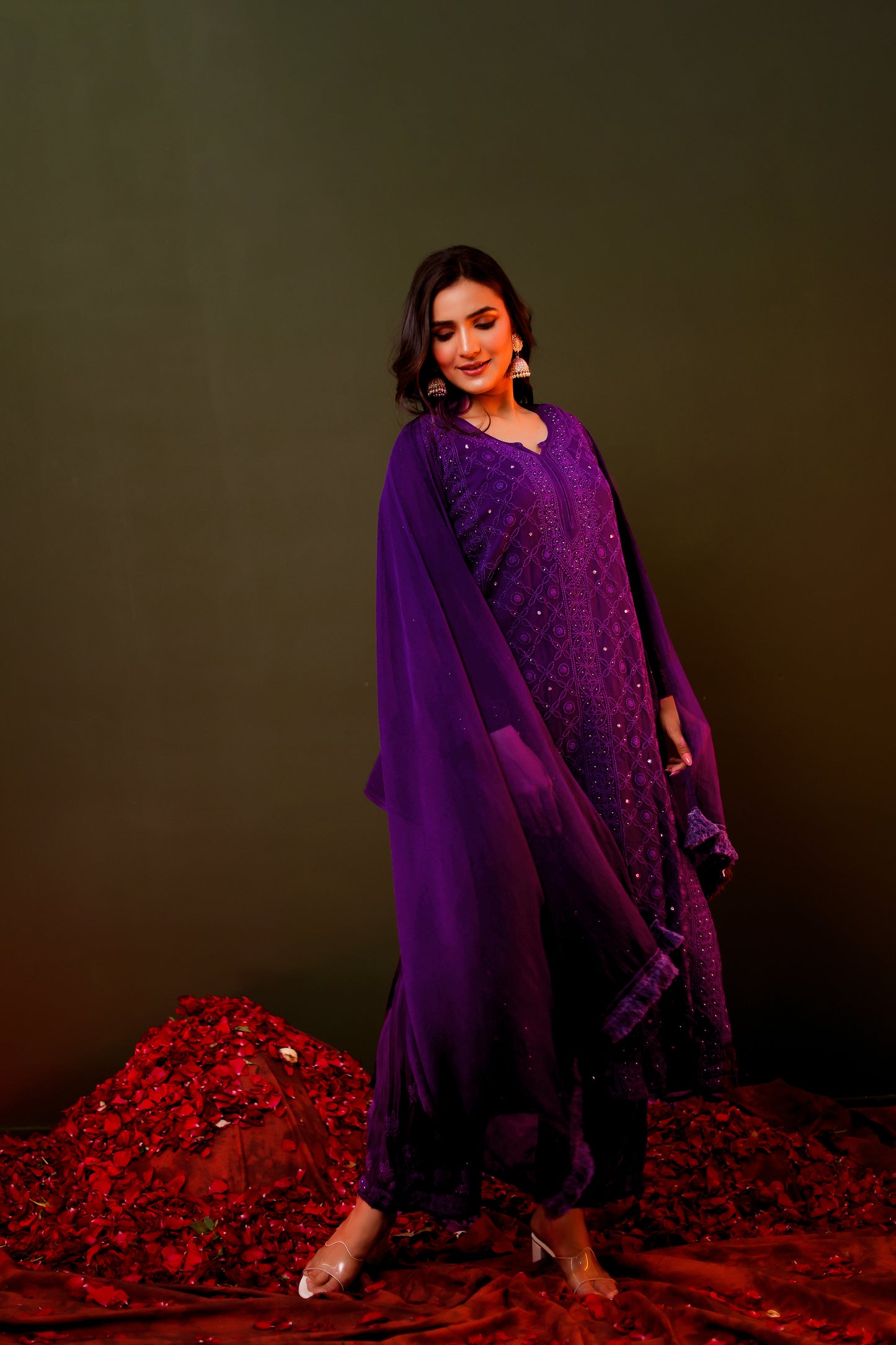 FABSTREE PURPLE PURE GEORGETTE KURTA AND GHARARA SET WITH DUPATTA AND INNER (SET OF 4)