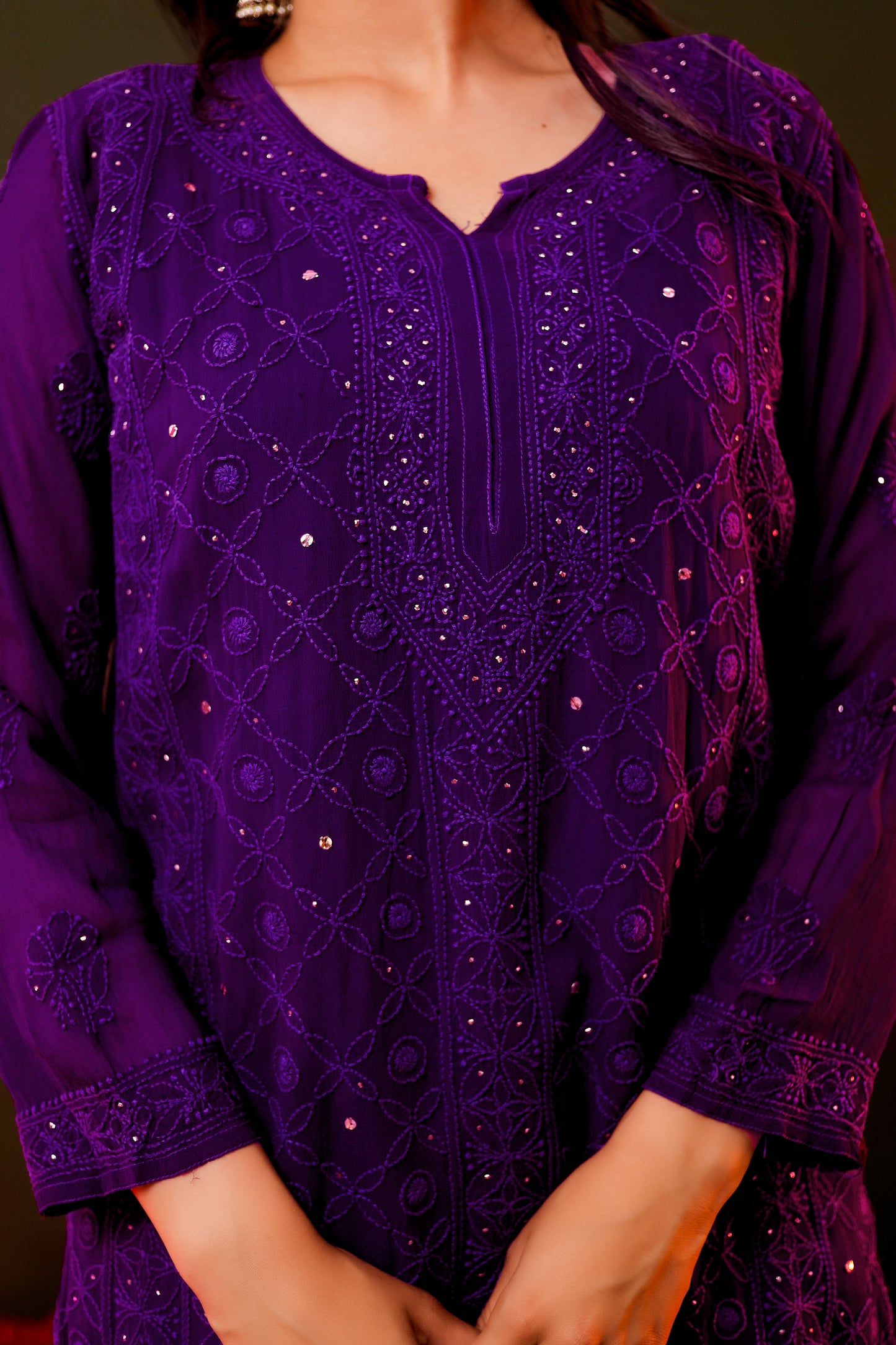 FABSTREE PURPLE PURE GEORGETTE KURTA AND GHARARA SET WITH DUPATTA AND INNER (SET OF 4)