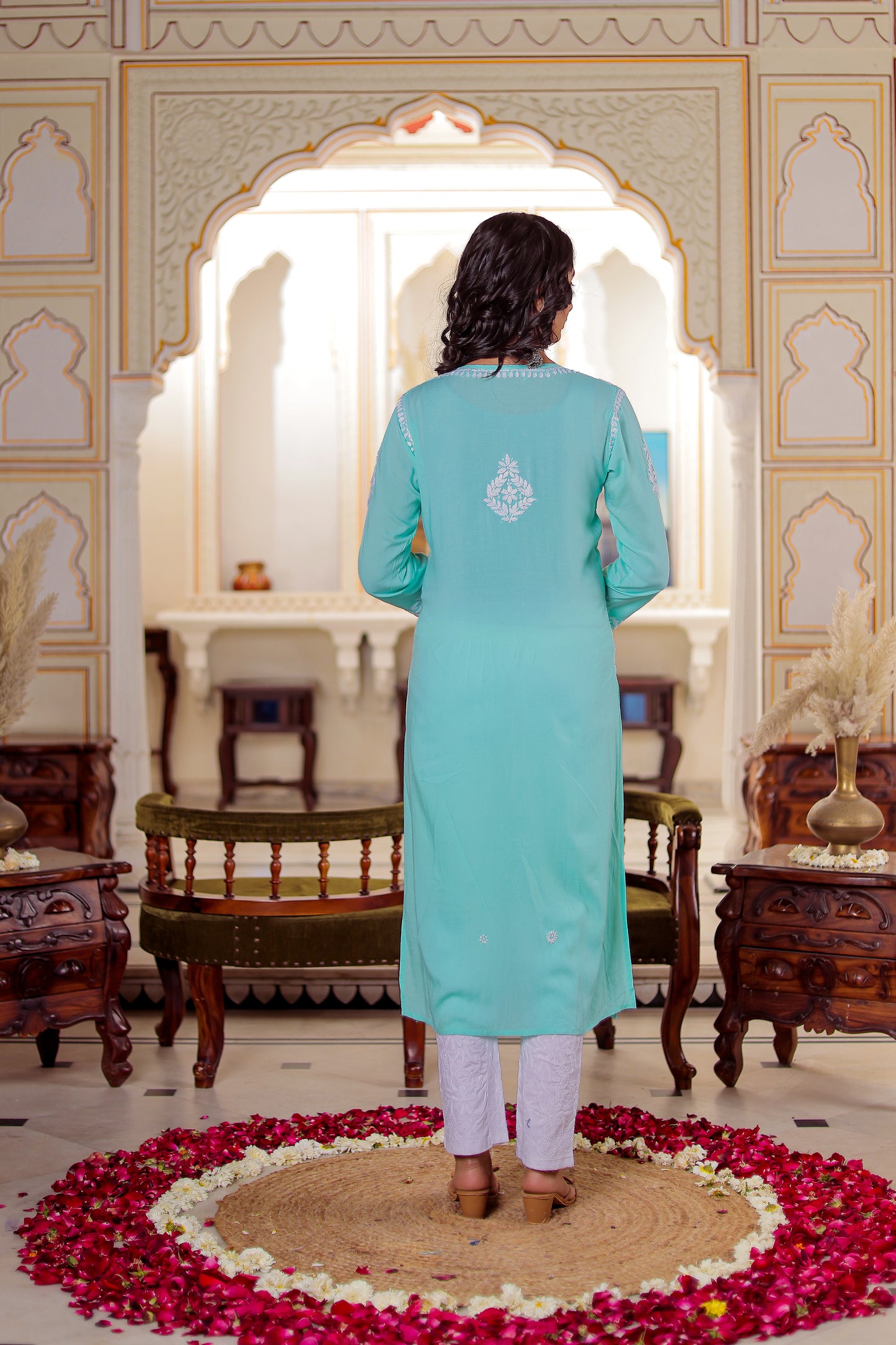 FABSTREE SUHANA WOMEN CYAN CHIKANKARI MODAL KURTA