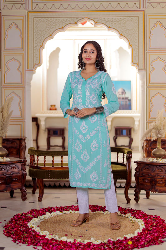 FABSTREE SUHANA WOMEN CYAN CHIKANKARI MODAL KURTA