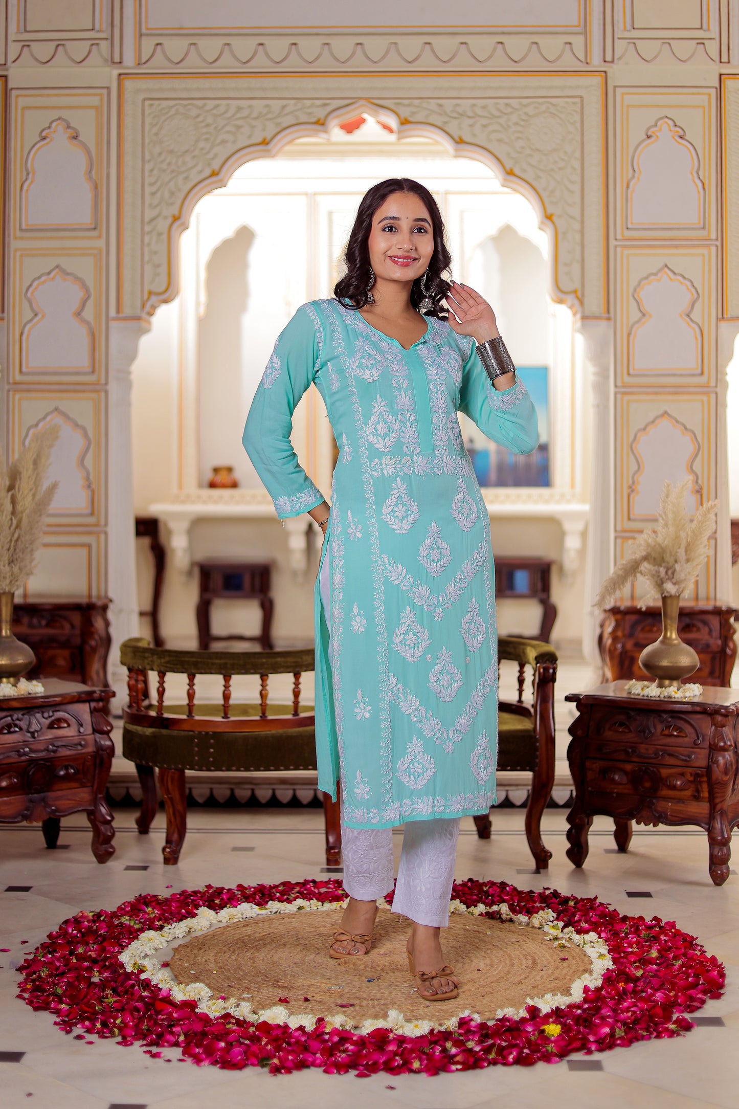 FABSTREE SUHANA WOMEN CYAN CHIKANKARI MODAL KURTA